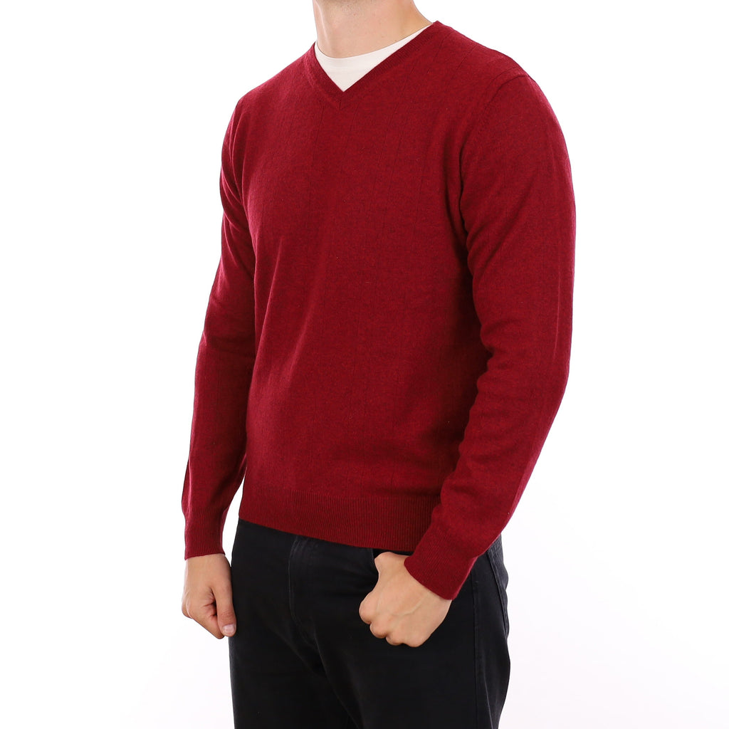 Men's Burgundy Red Marl Cashmere V Neck Jumper XL