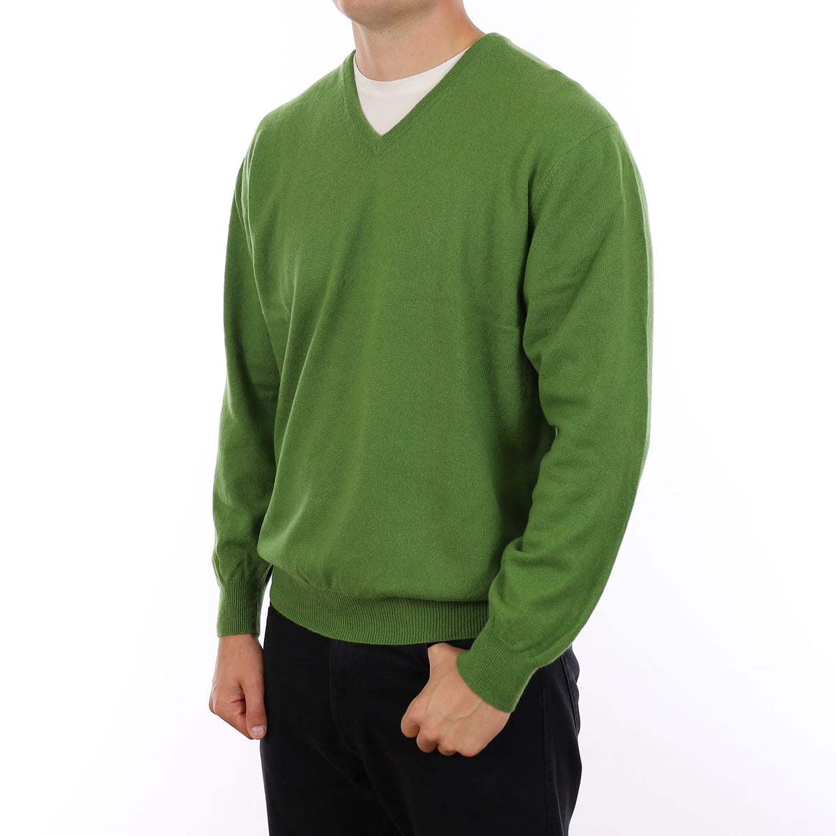 Men's Fern Green Cashmere V Neck Jumper XL