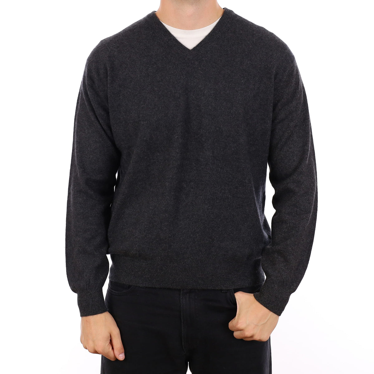 Men's Charcoal Grey Cashmere V Neck Jumper XL