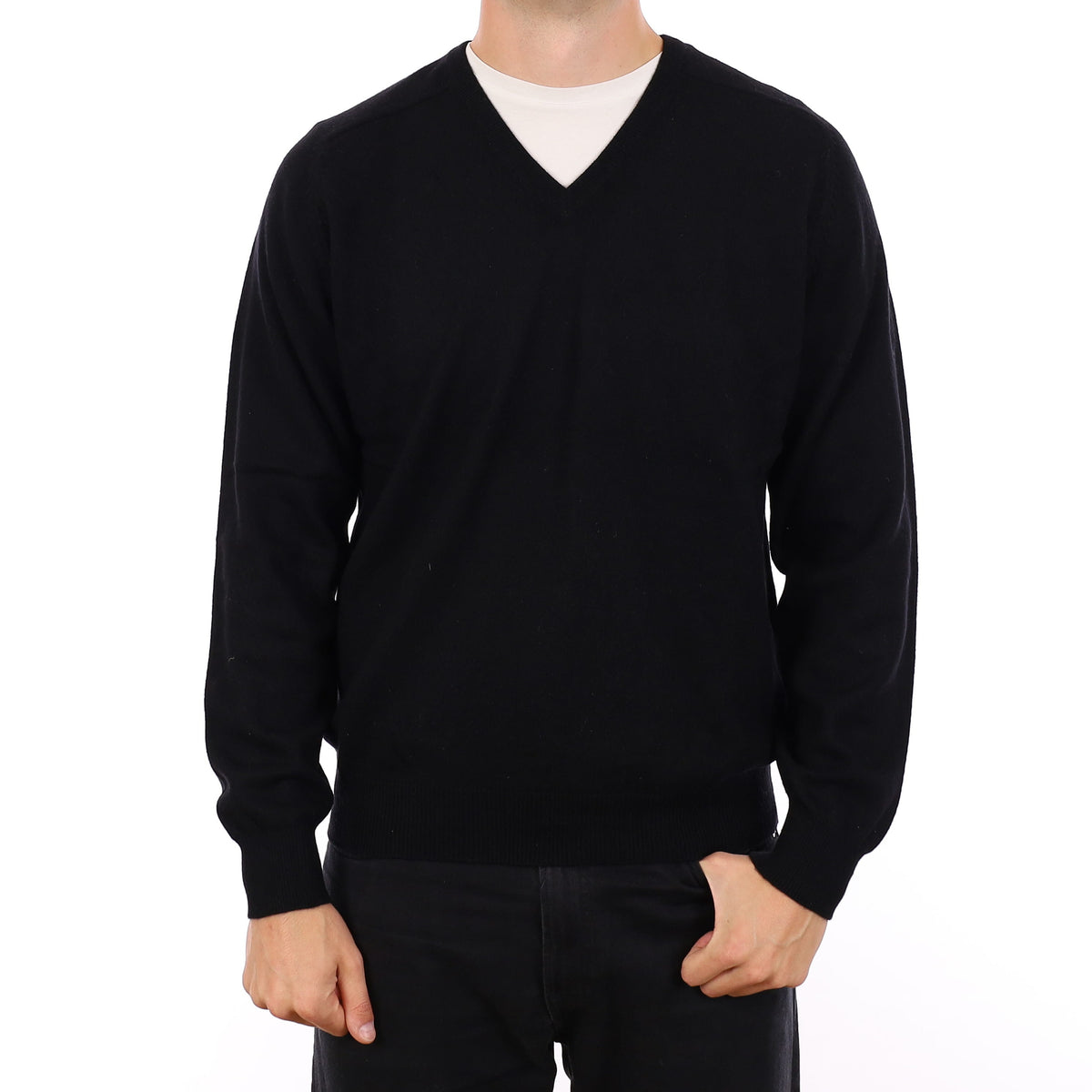Men's Black Heavy Knit Cashmere V Neck Jumper XL
