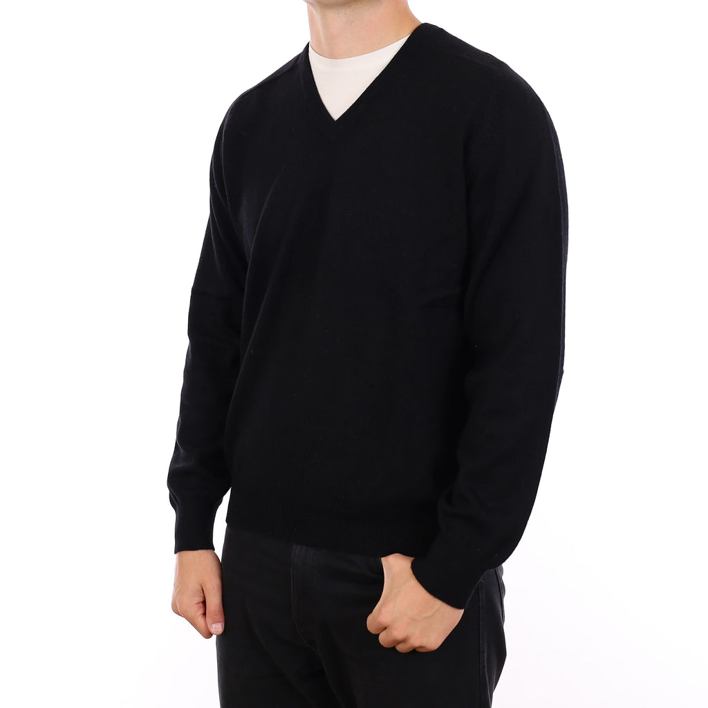 Men's Black Heavy Knit Cashmere V Neck Jumper XL