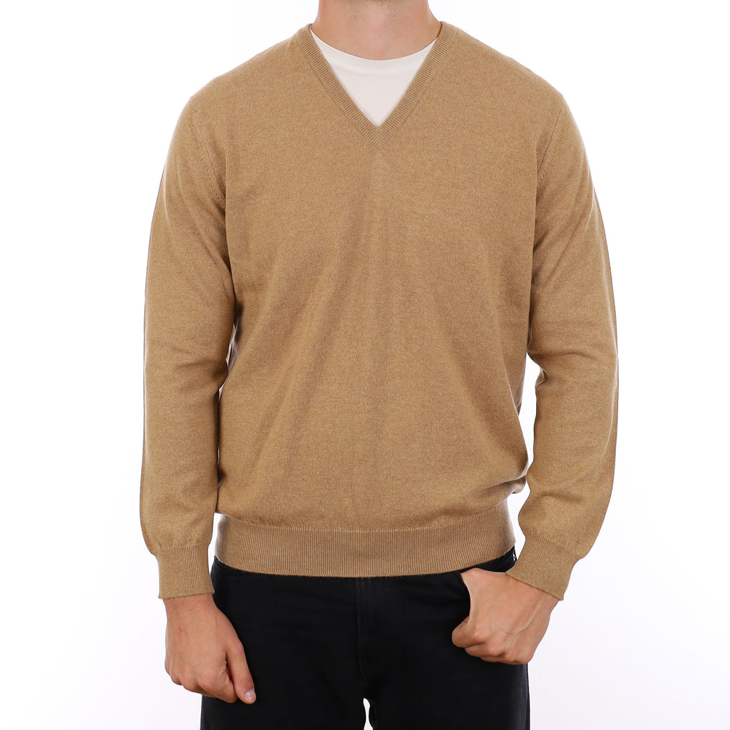 Men's Brand New Scottish Caramel Brown Cashmere V Neck Jumper XL