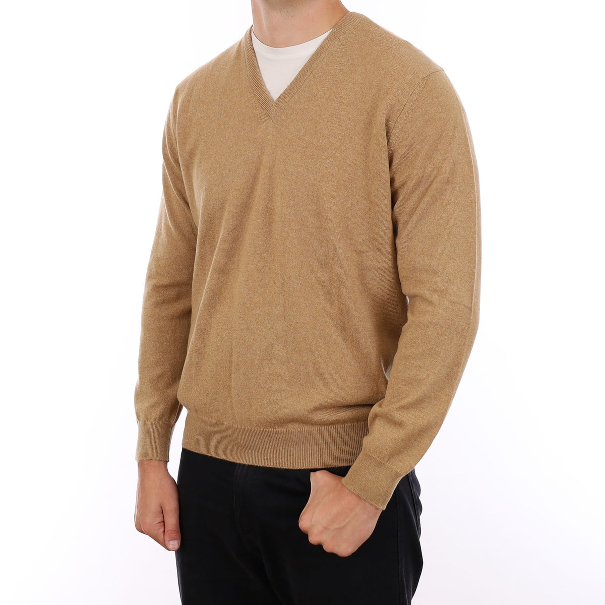 Men's Brand New Scottish Caramel Brown Cashmere V Neck Jumper XL