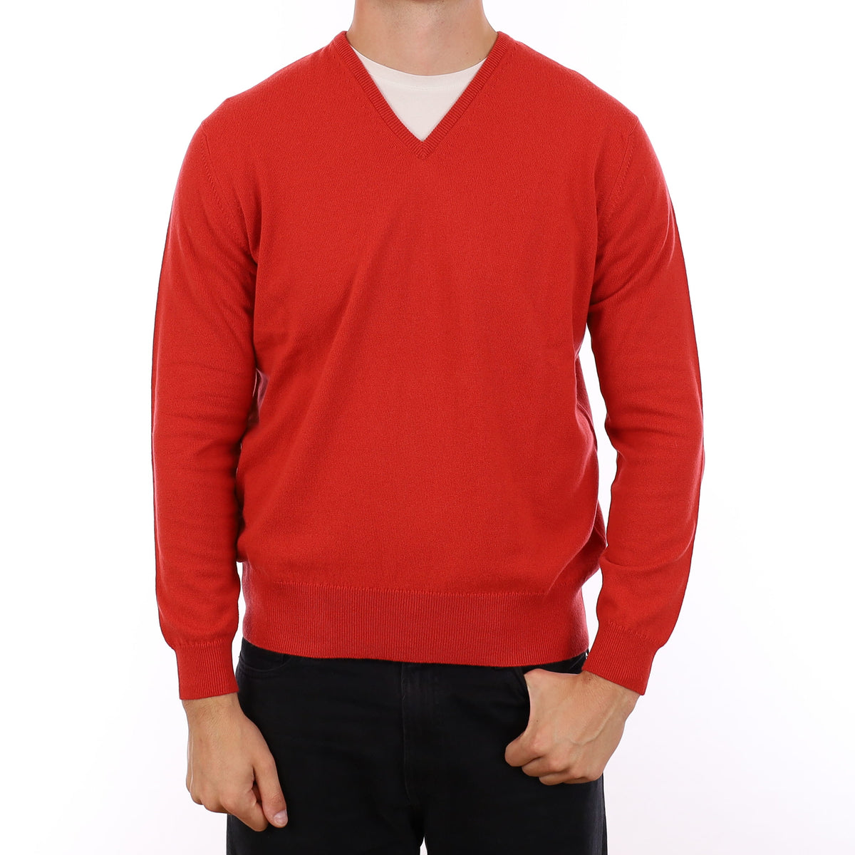 Men's Brand New Scottish Vermillion Red Cashmere V Neck Jumper XL