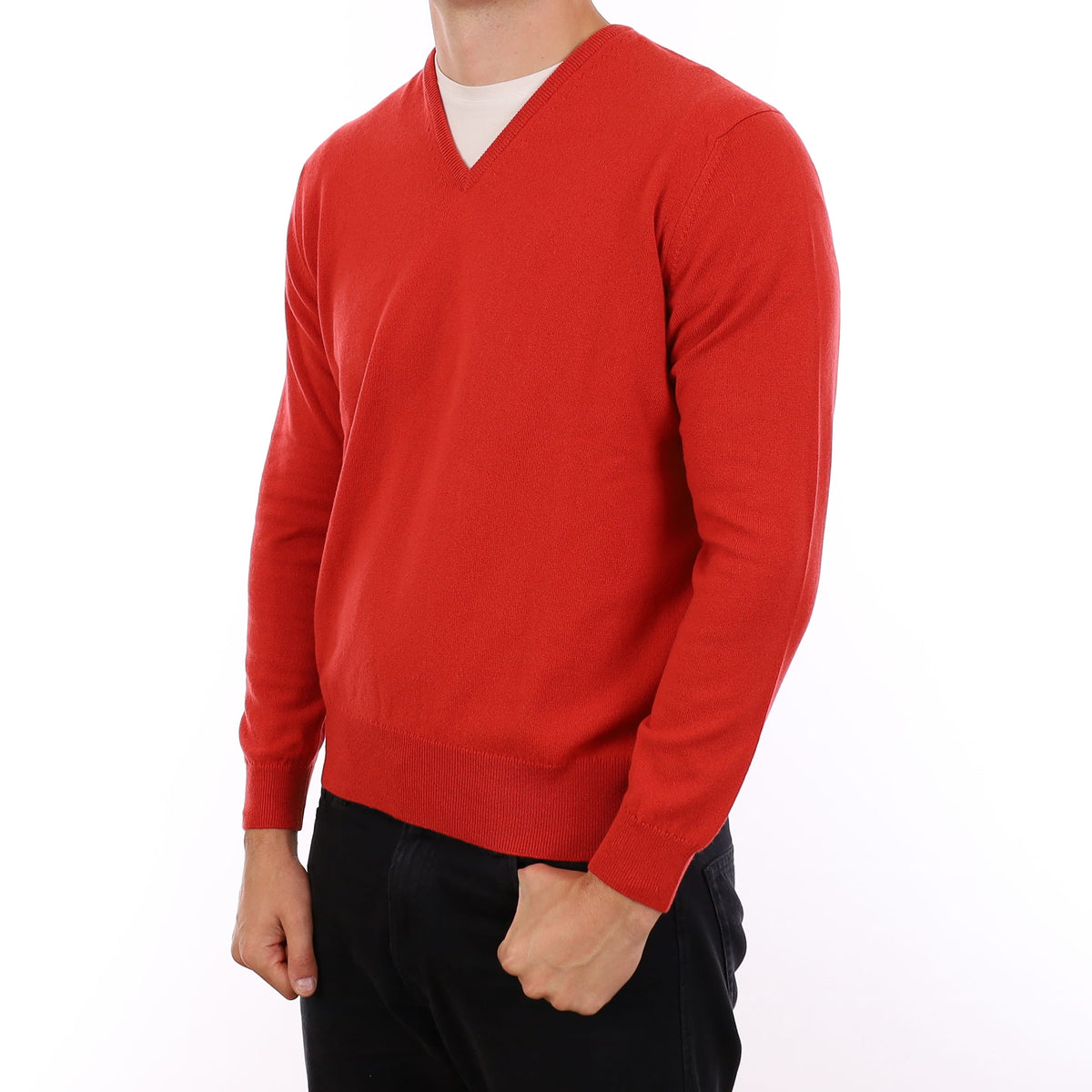 Men's Brand New Scottish Vermillion Red Cashmere V Neck Jumper XL