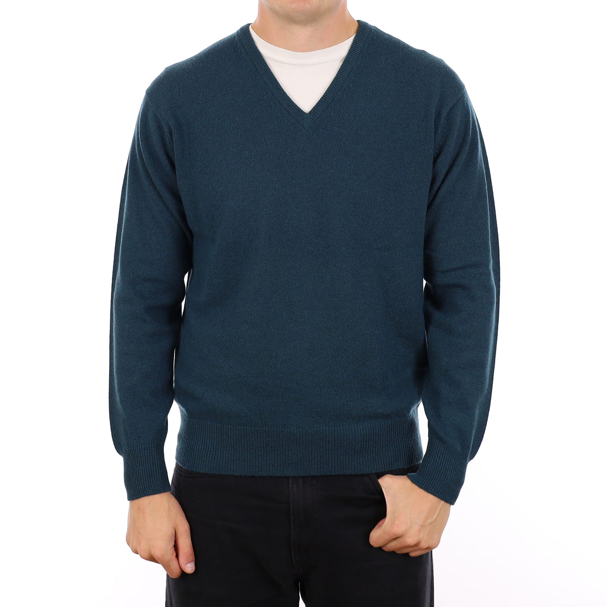 Men's Brand New Scottish Petrol Blue Cashmere V Neck Jumper XL