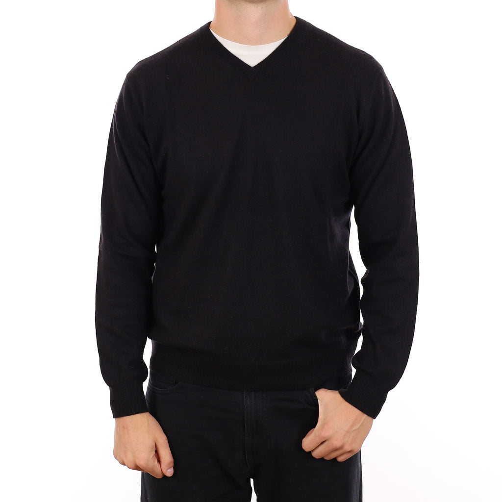 Men's Black Cashmere V Neck Jumper XL