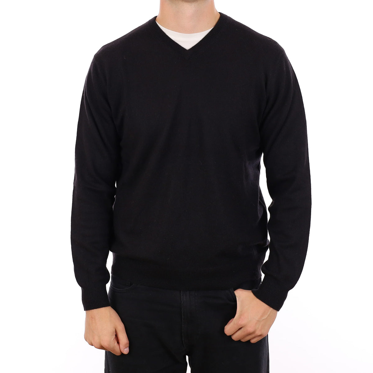 Men's Black Cashmere V Neck Jumper XL