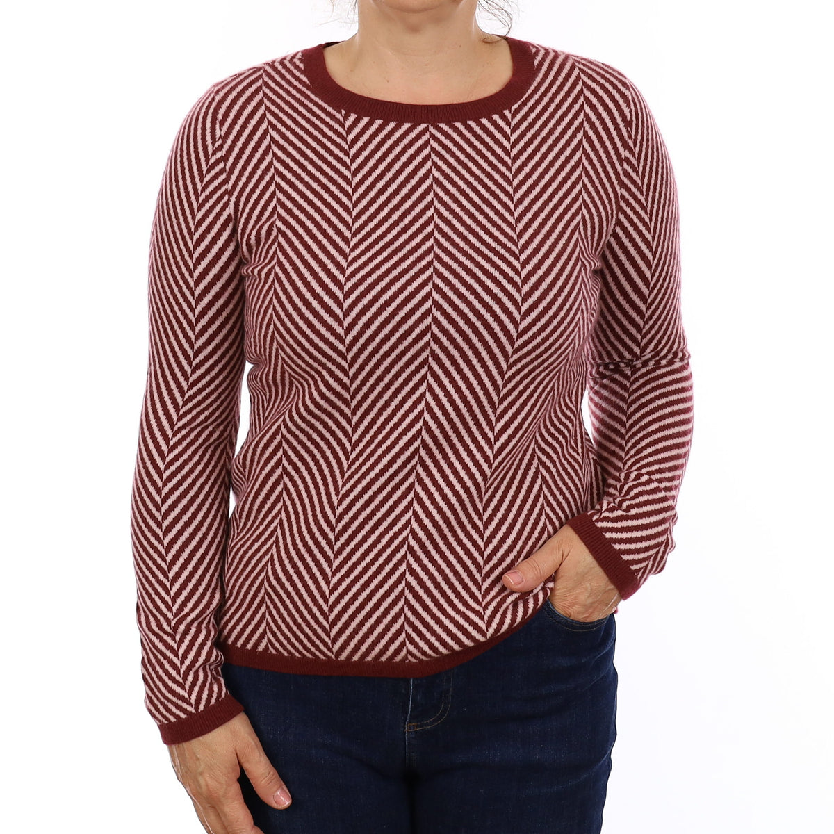 Red & Ivory Herringbone Cashmere Crew Neck Jumper Medium