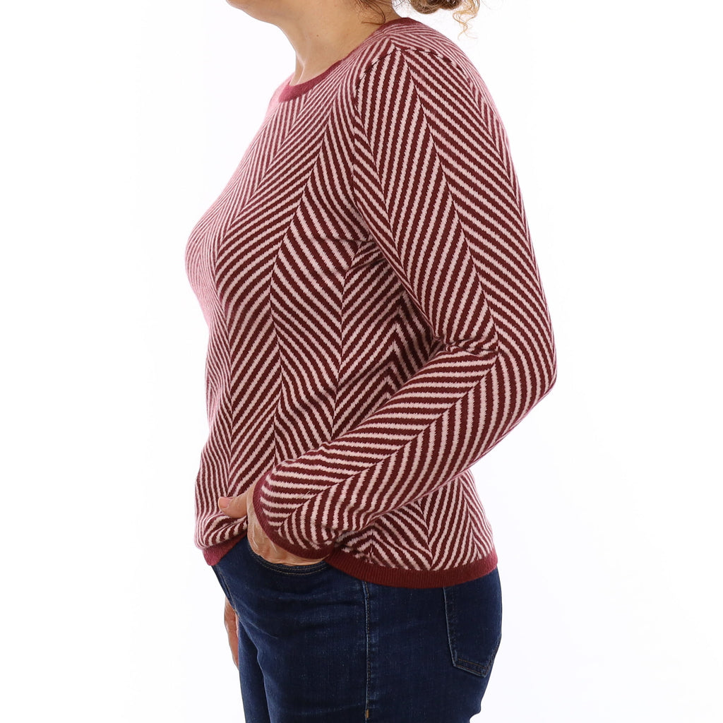 Red & Ivory Herringbone Cashmere Crew Neck Jumper Medium