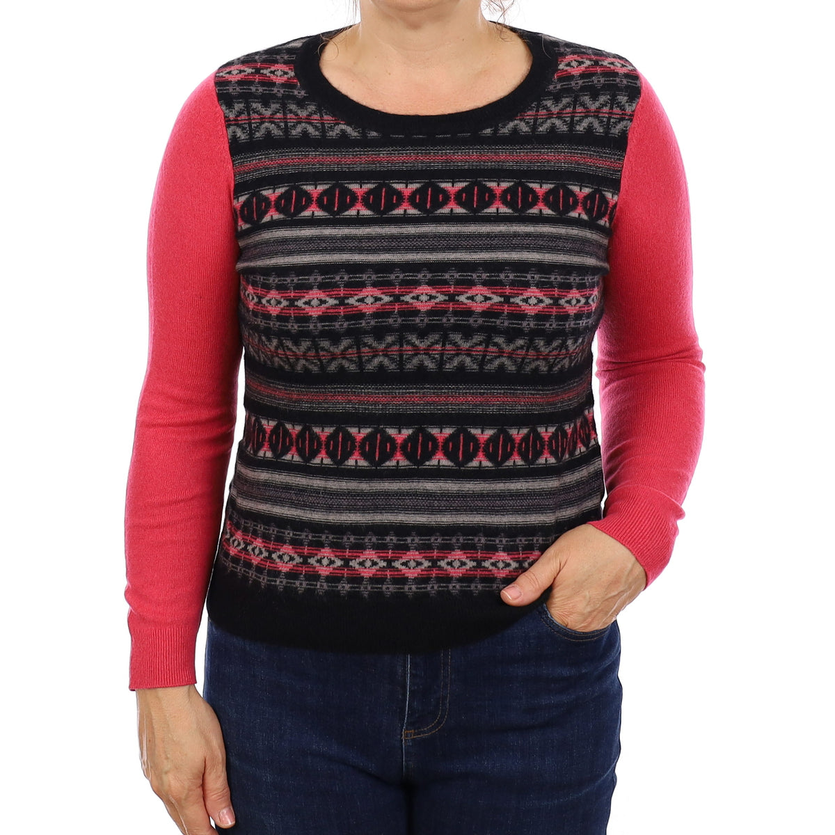 Pink & Black Aztec Heavy Knit Cashmere Crew Neck Jumper Medium