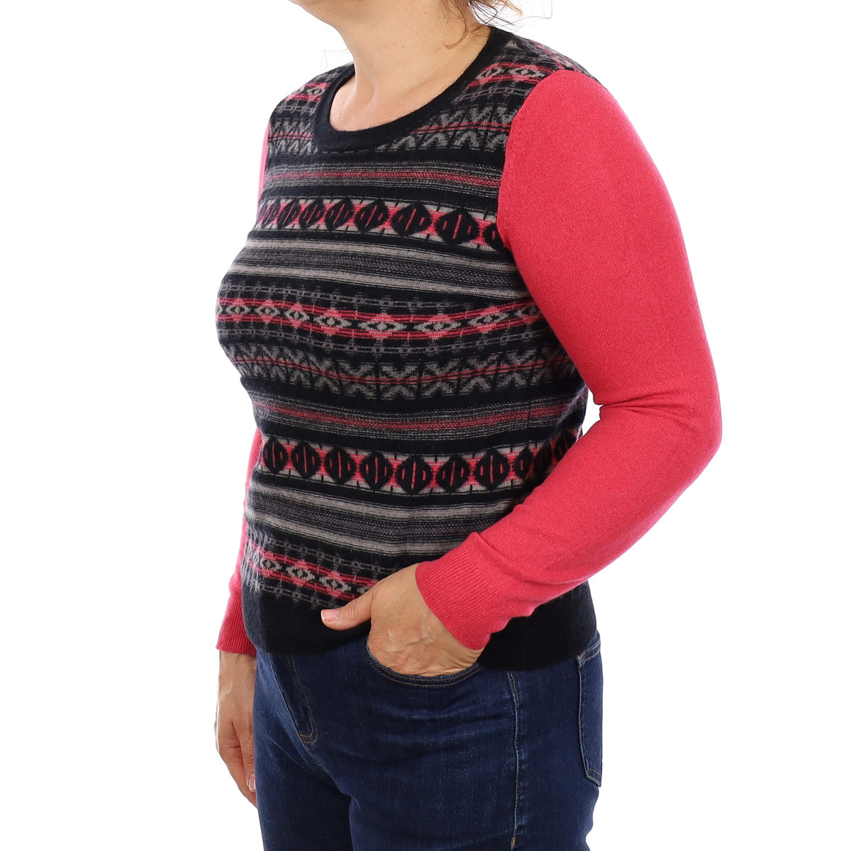 Pink & Black Aztec Heavy Knit Cashmere Crew Neck Jumper Medium