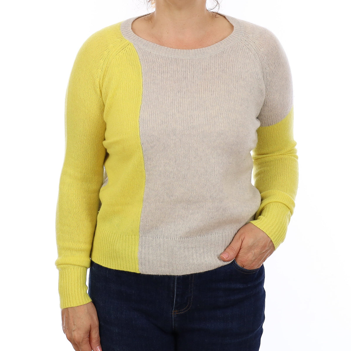 Grey & Yellow Cashmere Crew Neck Jumper Medium