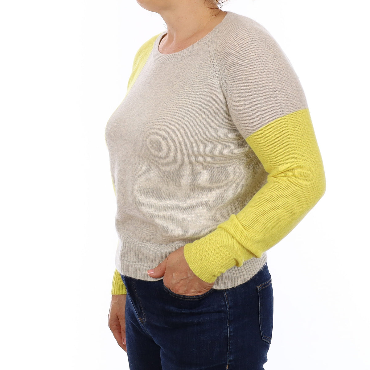 Grey & Yellow Cashmere Crew Neck Jumper Medium