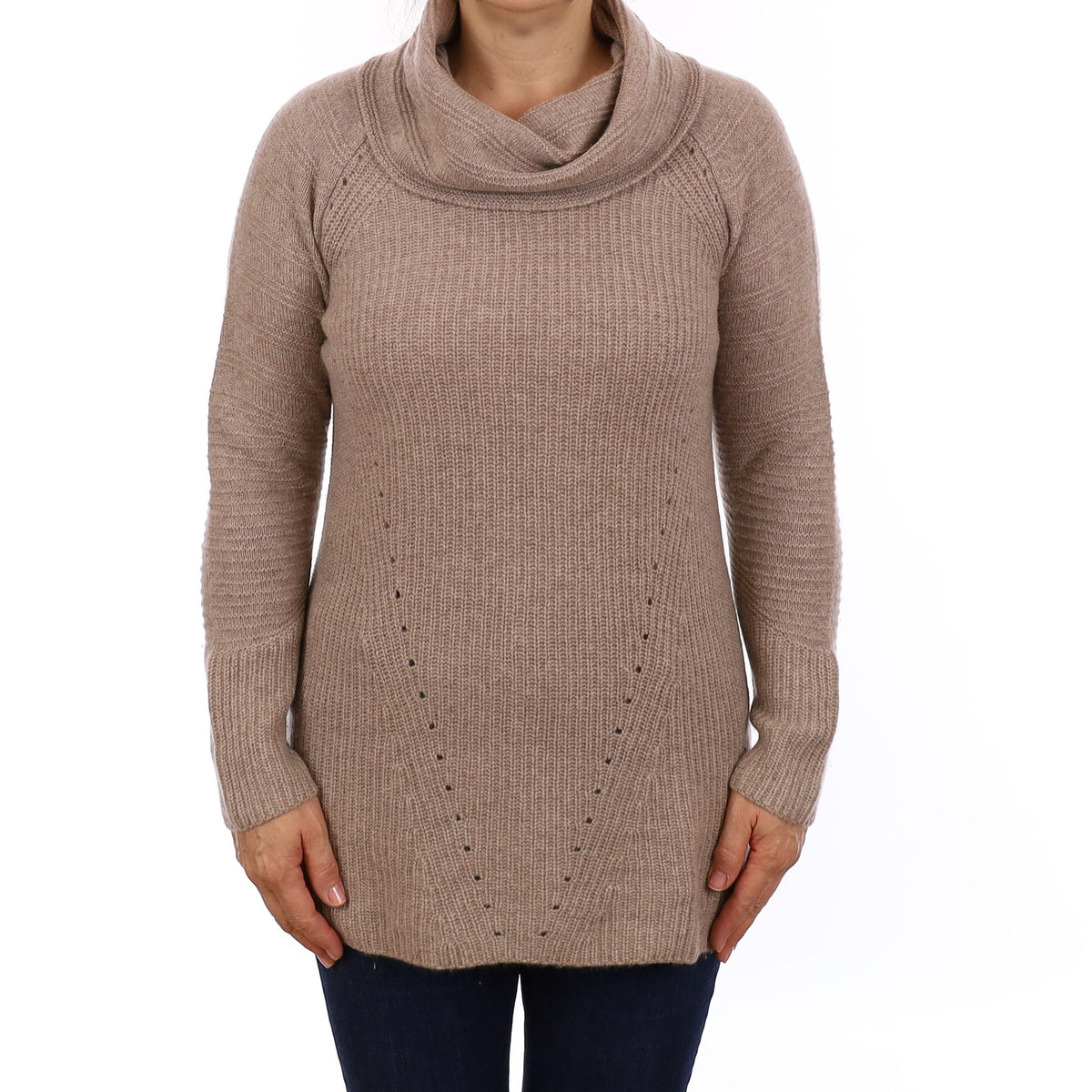 Neiman Marcus Mink Brown Rib Cashmere Longline Cowl Neck Jumper Medium