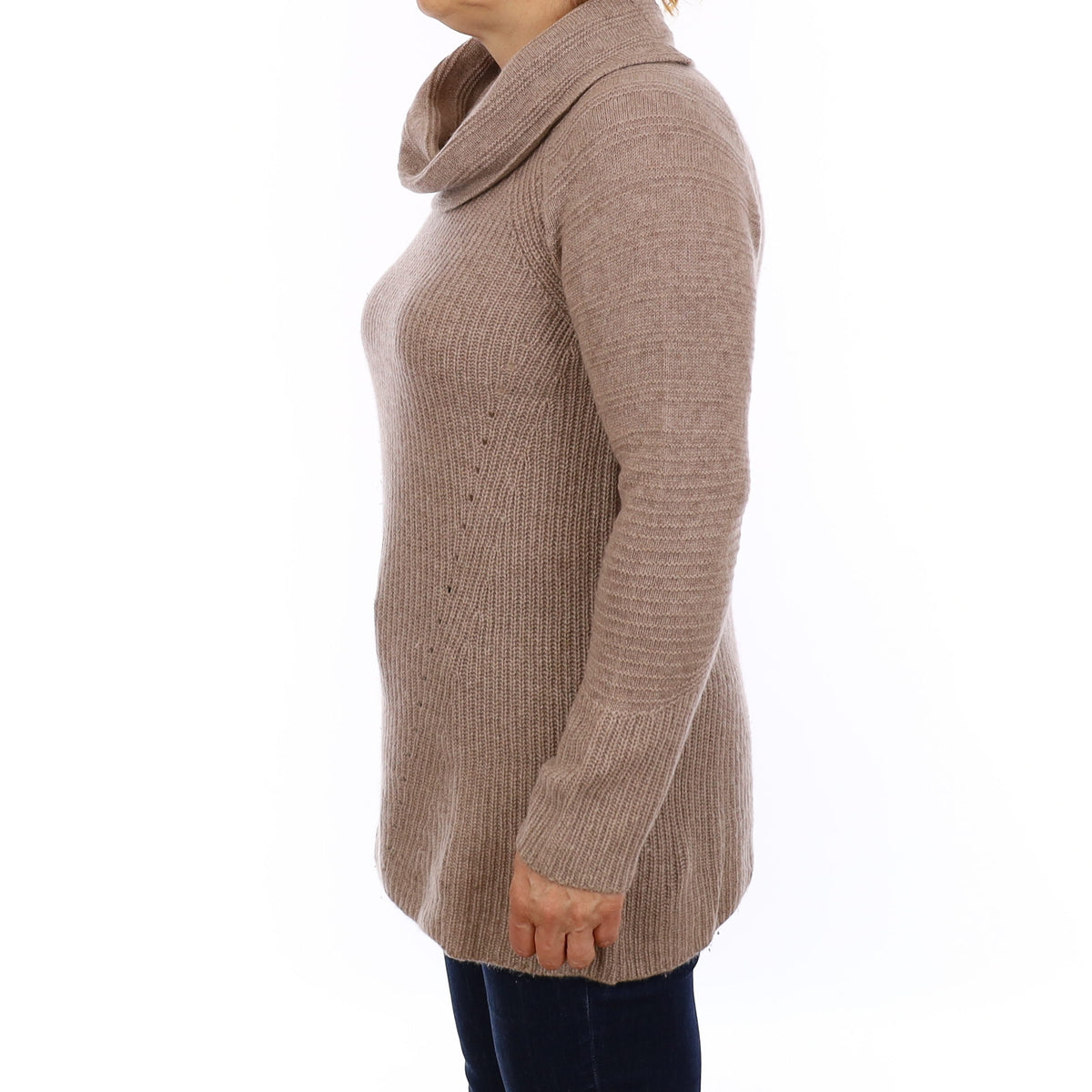 Neiman Marcus Mink Brown Rib Cashmere Longline Cowl Neck Jumper Medium