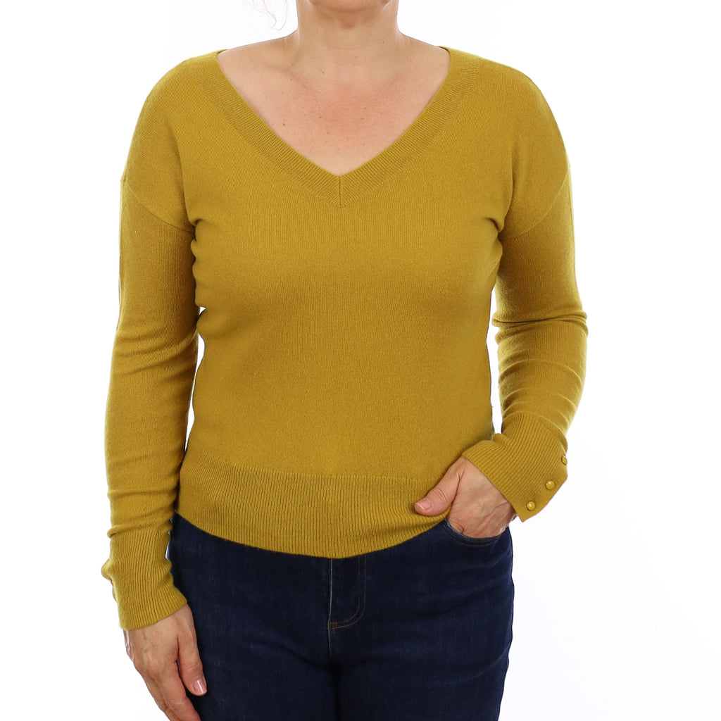 Mustard Yellow Cashmere Double Sided V Neck Jumper Medium
