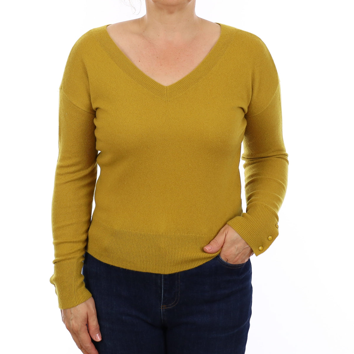Mustard Yellow Cashmere Double Sided V Neck Jumper Medium