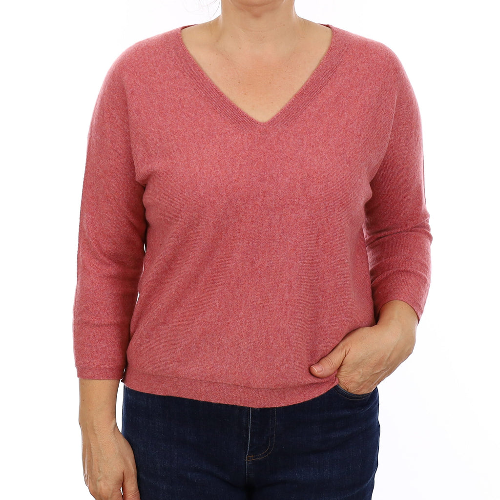 Poetry Dusky Rose Cashmere 3/4 Sleeve V Neck Jumper Medium