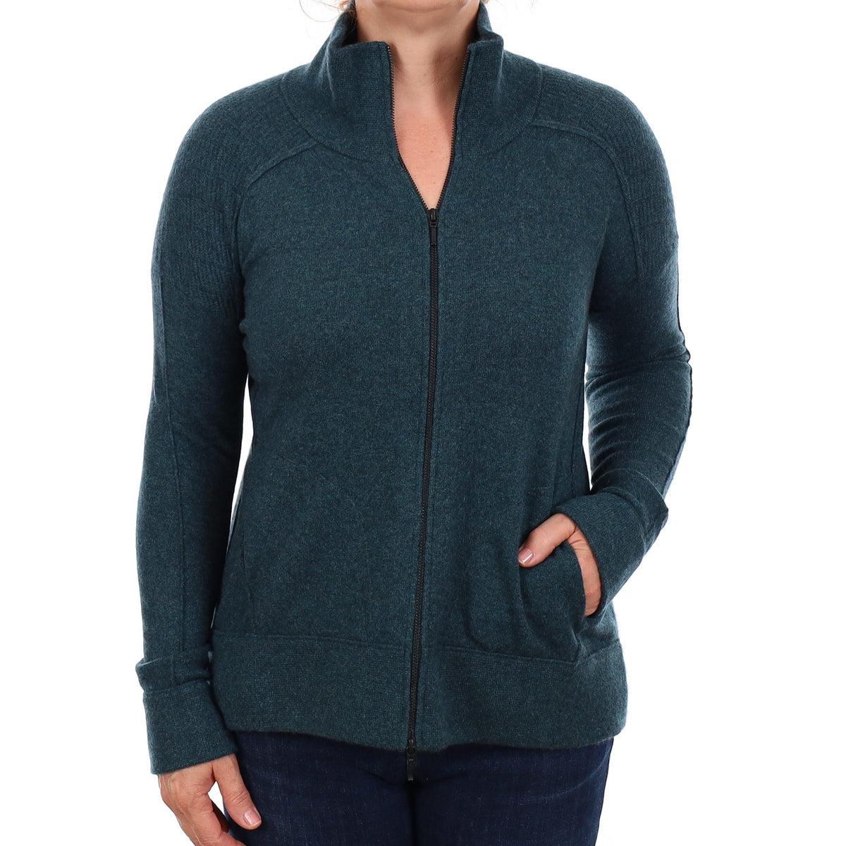 Sea Blue Heavy Knit Cashmere Zip Up Cardigan with Pockets Medium