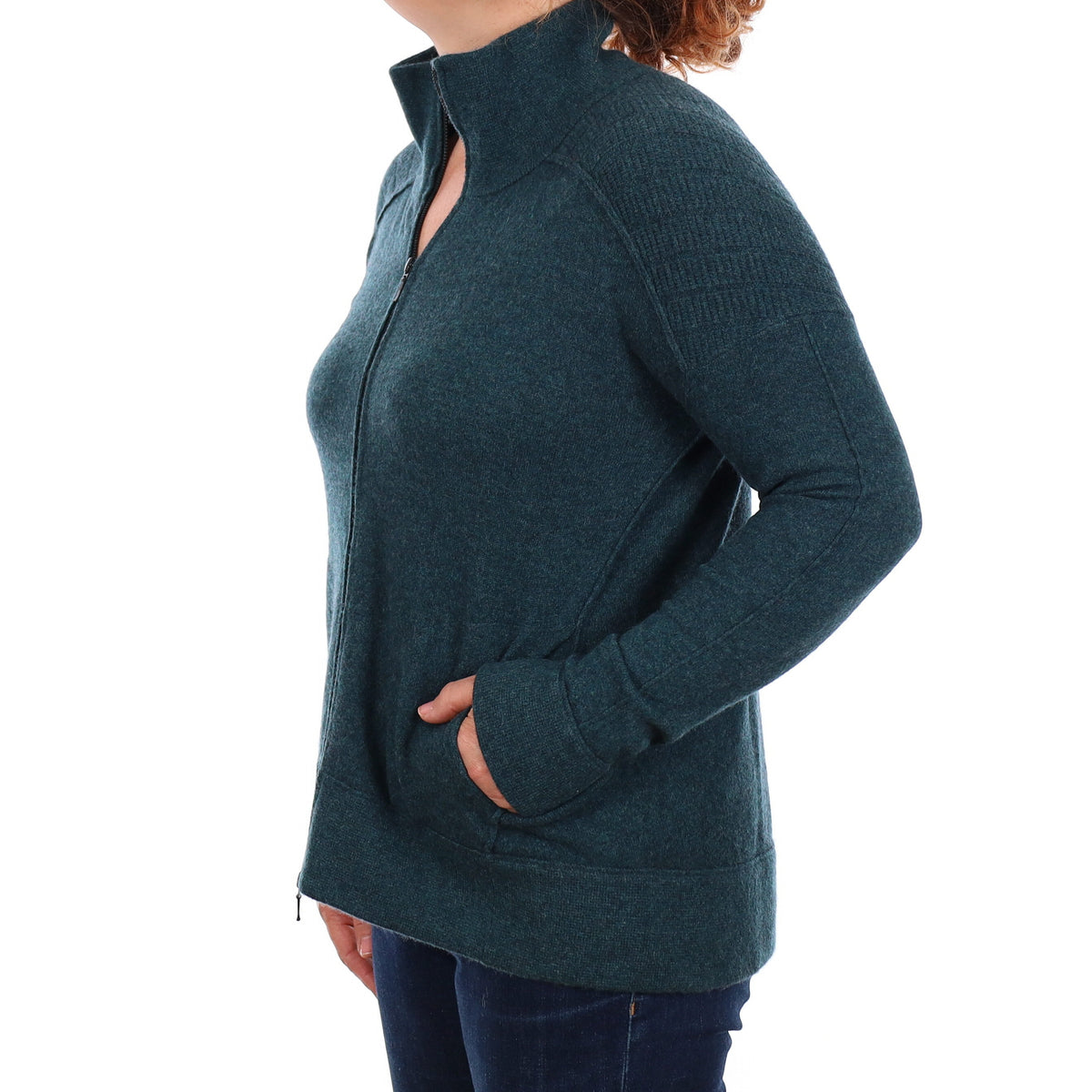 Sea Blue Heavy Knit Cashmere Zip Up Cardigan with Pockets Medium