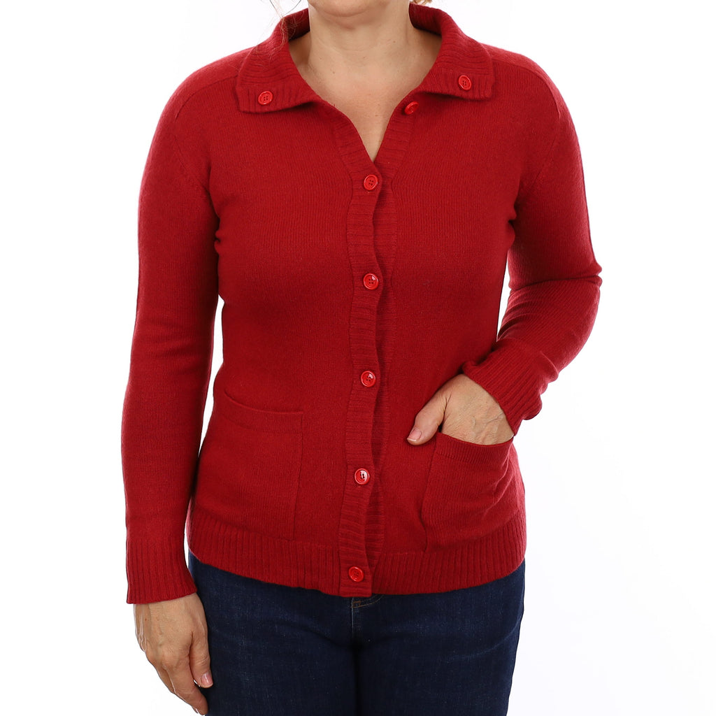 Crimson Red Heavy Knit Cashmere Collared Cardigan with Pockets Medium