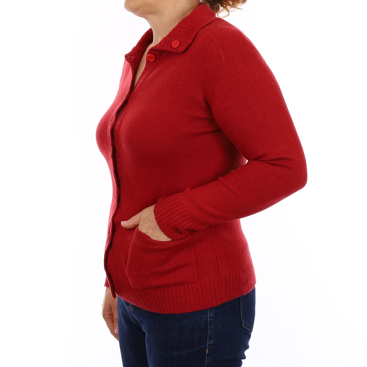 Crimson Red Heavy Knit Cashmere Collared Cardigan with Pockets Medium