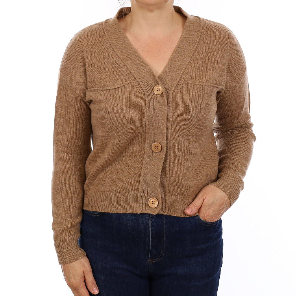 Biscuit Brown Cashmere V Neck Cardigan with Pockets Medium