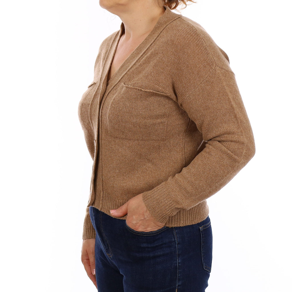 Biscuit Brown Cashmere V Neck Cardigan with Pockets Medium