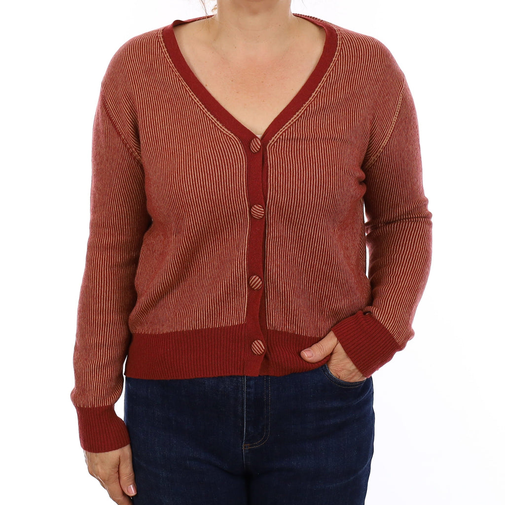Rust Orange Striped Cashmere V Neck Cardigan Medium