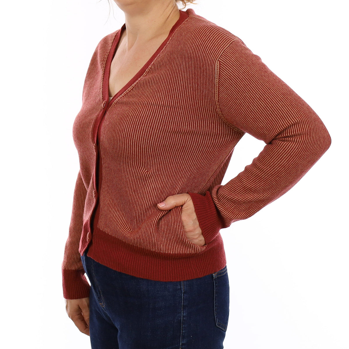 Rust Orange Striped Cashmere V Neck Cardigan Medium