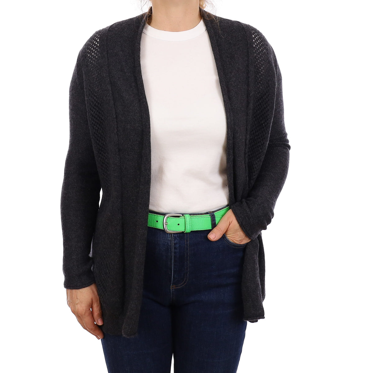 Charcoal Grey Pointelle Detail Cashmere Edge to Edge Cardigan Medium