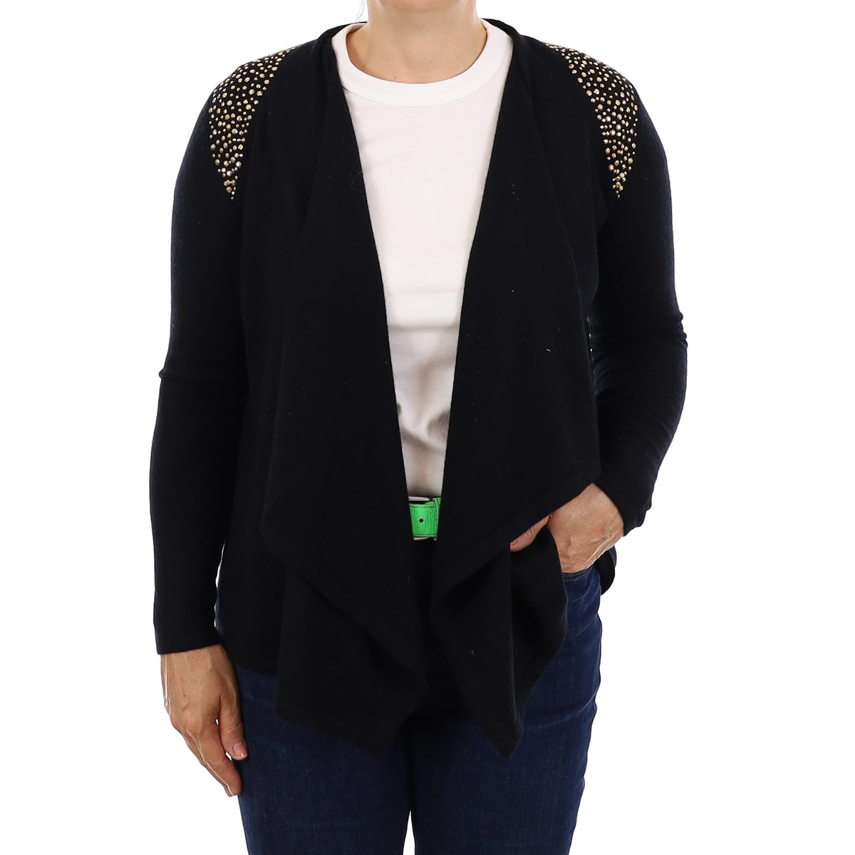 Black with Gold Studs Cashmere Waterfall Cardigan Medium