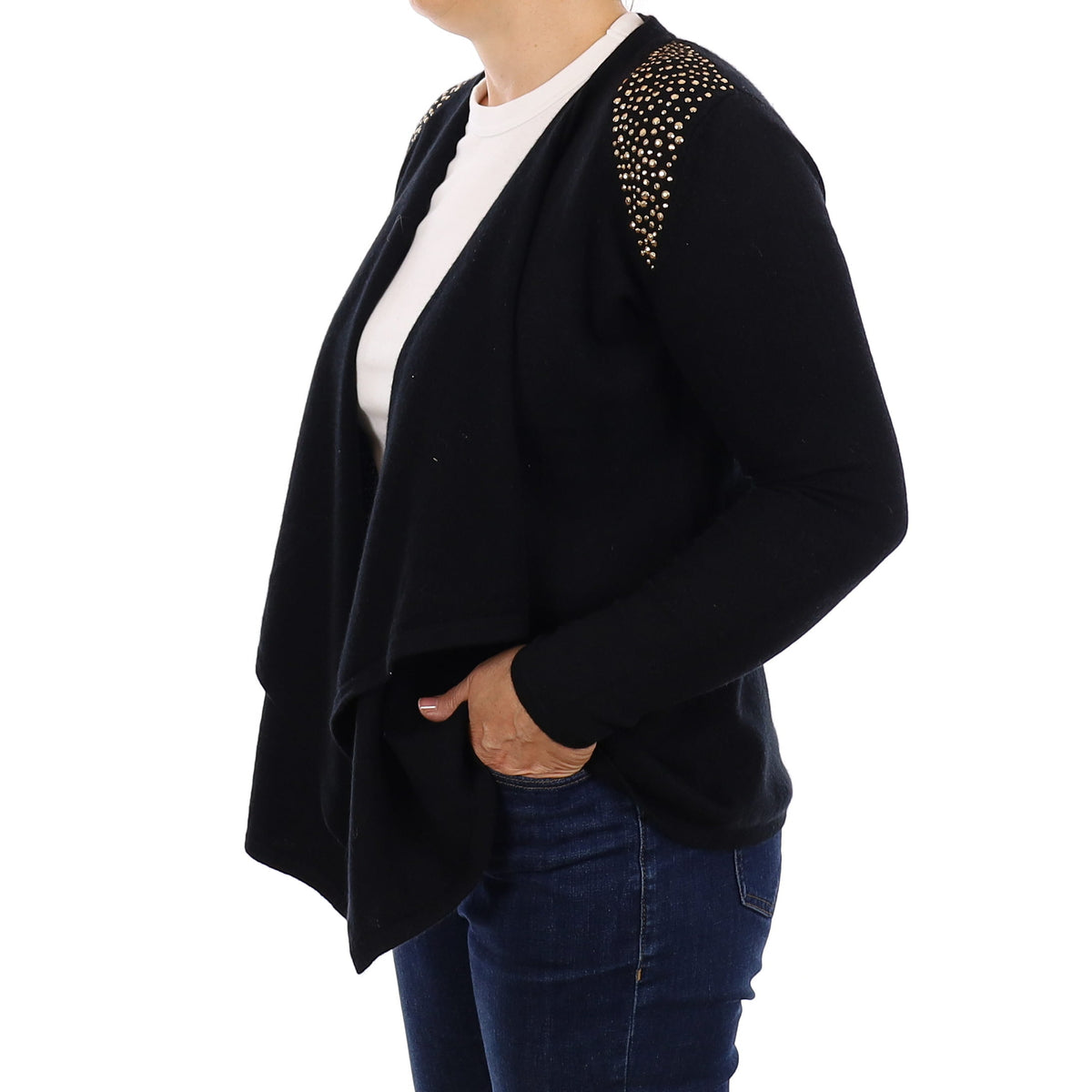 Black with Gold Studs Cashmere Waterfall Cardigan Medium