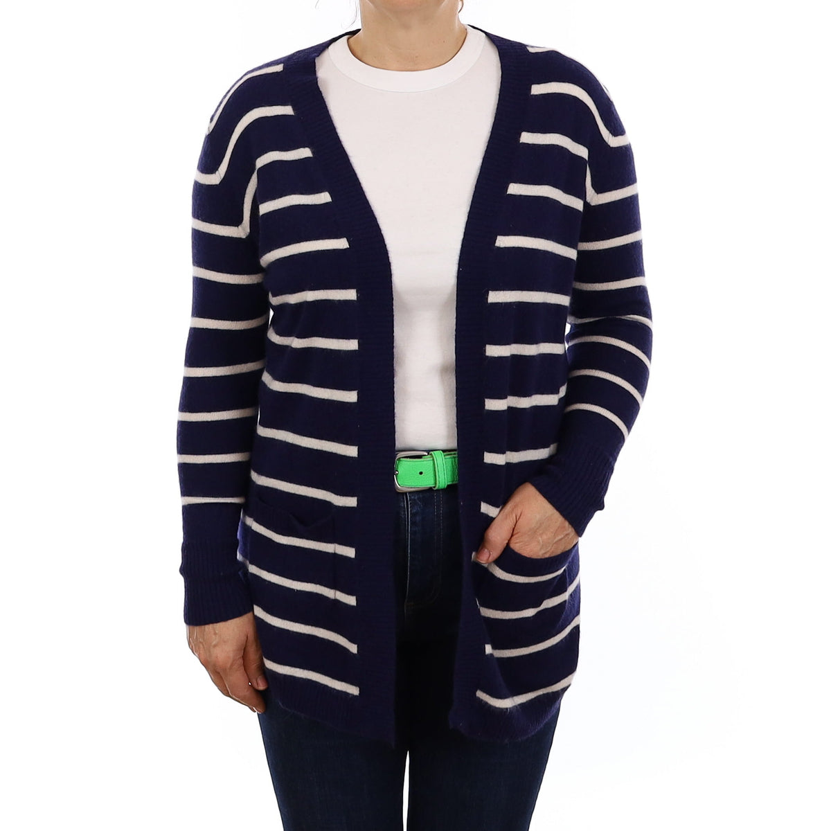 Navy & Ivory Stripe Cashmere Cardigan with Pockets Medium