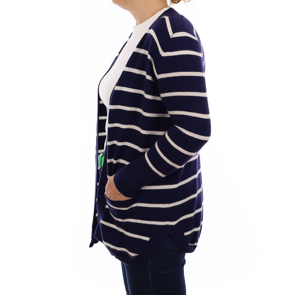 Navy & Ivory Stripe Cashmere Cardigan with Pockets Medium
