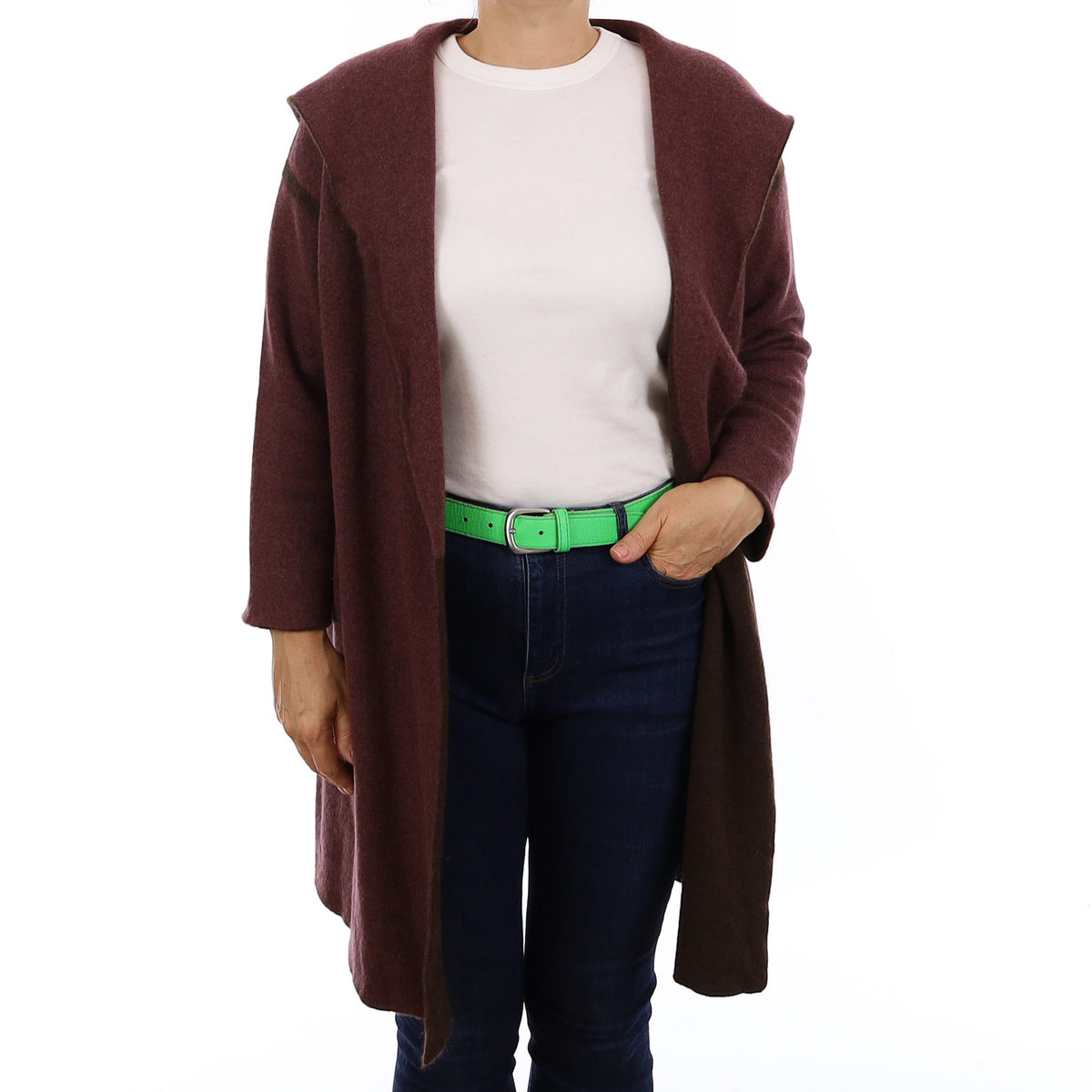 Aubergine & Chocolate Cashmere Longline Edge to Edge Cardigan with Hood Medium