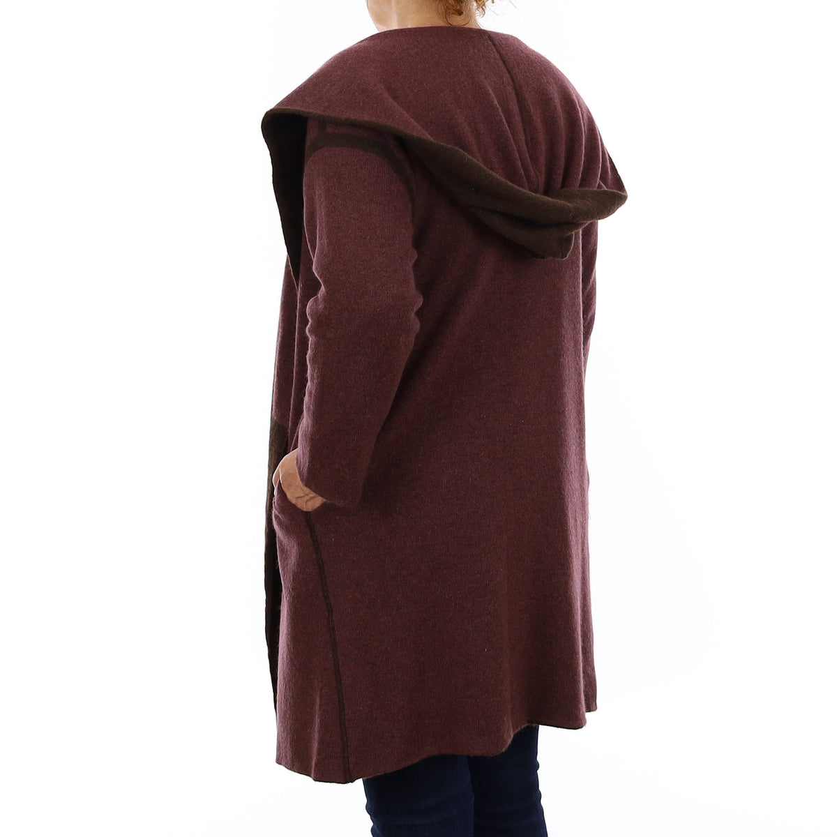 Aubergine & Chocolate Cashmere Longline Edge to Edge Cardigan with Hood Medium
