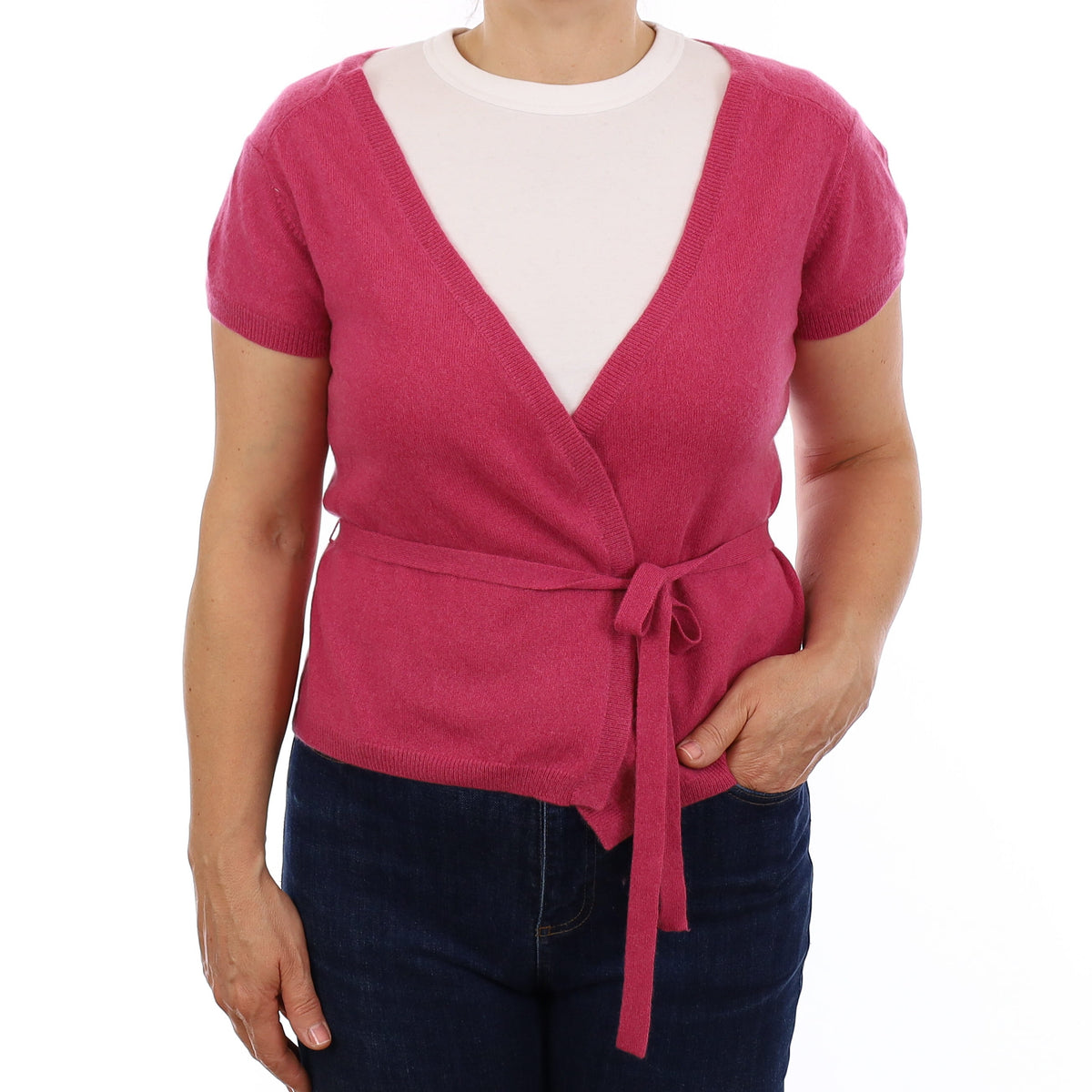Raspberry Pink Cashmere Short Sleeve Wrap Over Cardigan Medium