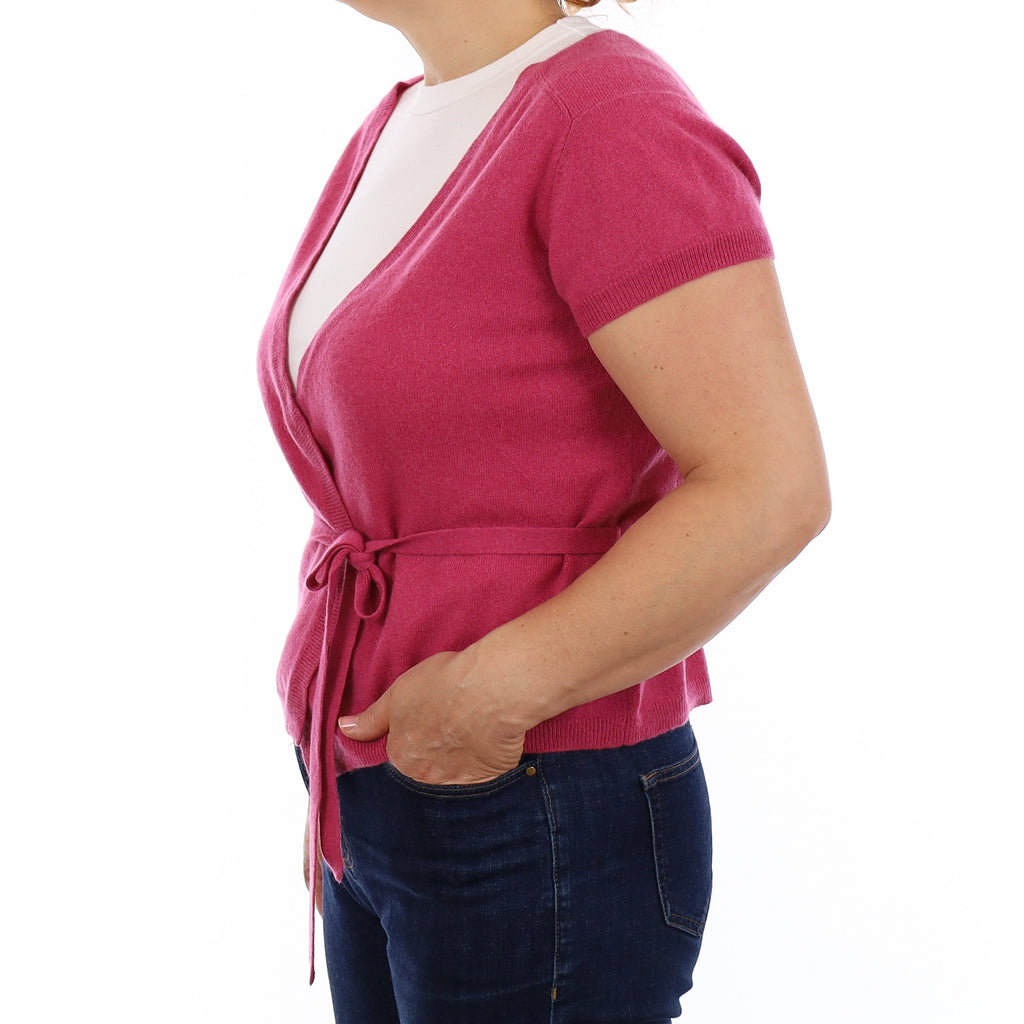 Raspberry Pink Cashmere Short Sleeve Wrap Over Cardigan Medium