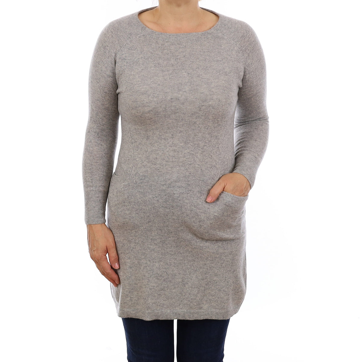 Smoke Grey Longline Cashmere Crew Neck with Pockets Jumper Medium