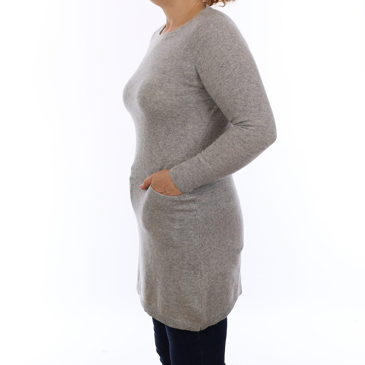 Smoke Grey Longline Cashmere Crew Neck with Pockets Jumper Medium