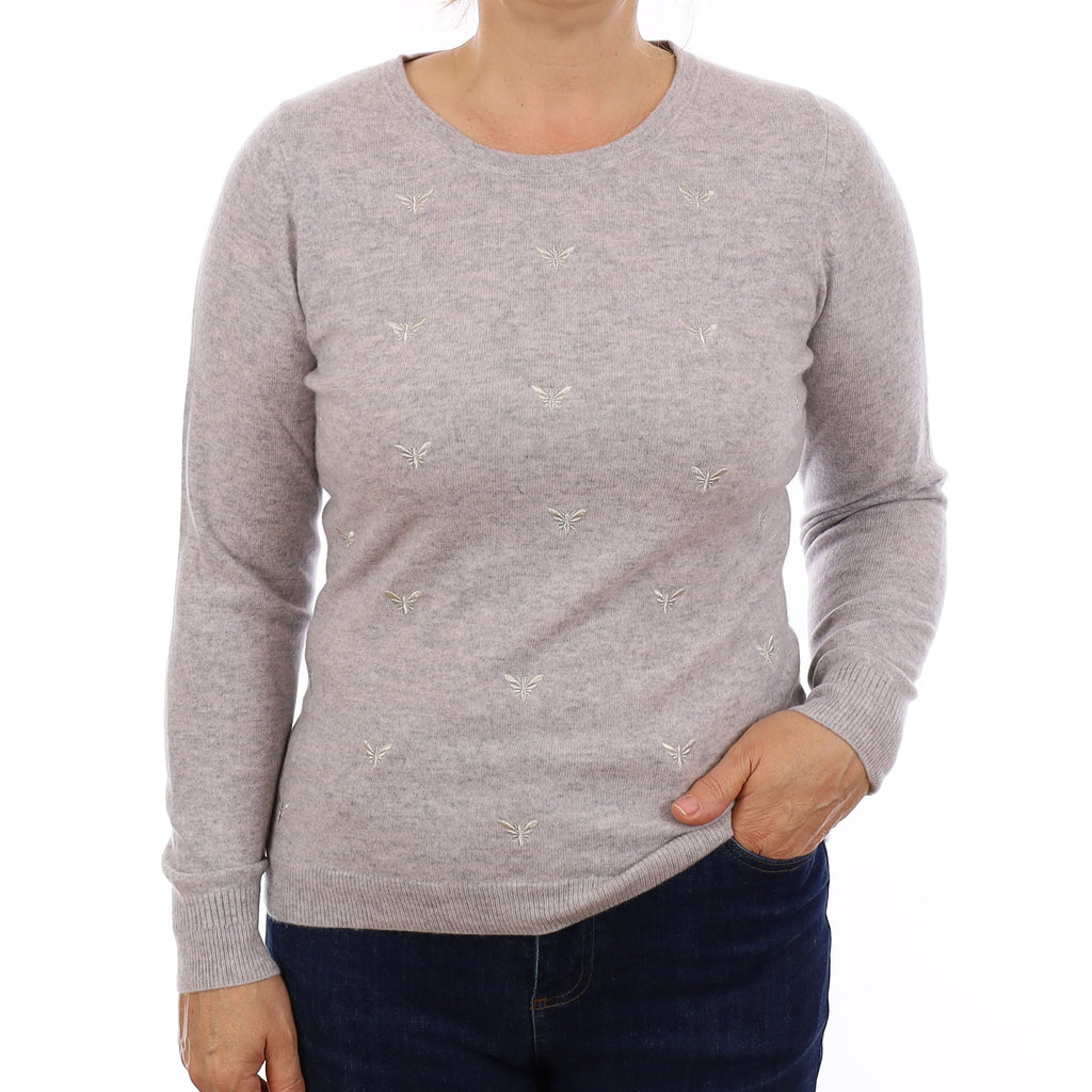 Mist Grey Insect  Motif Cashmere Crew Neck Jumper Medium