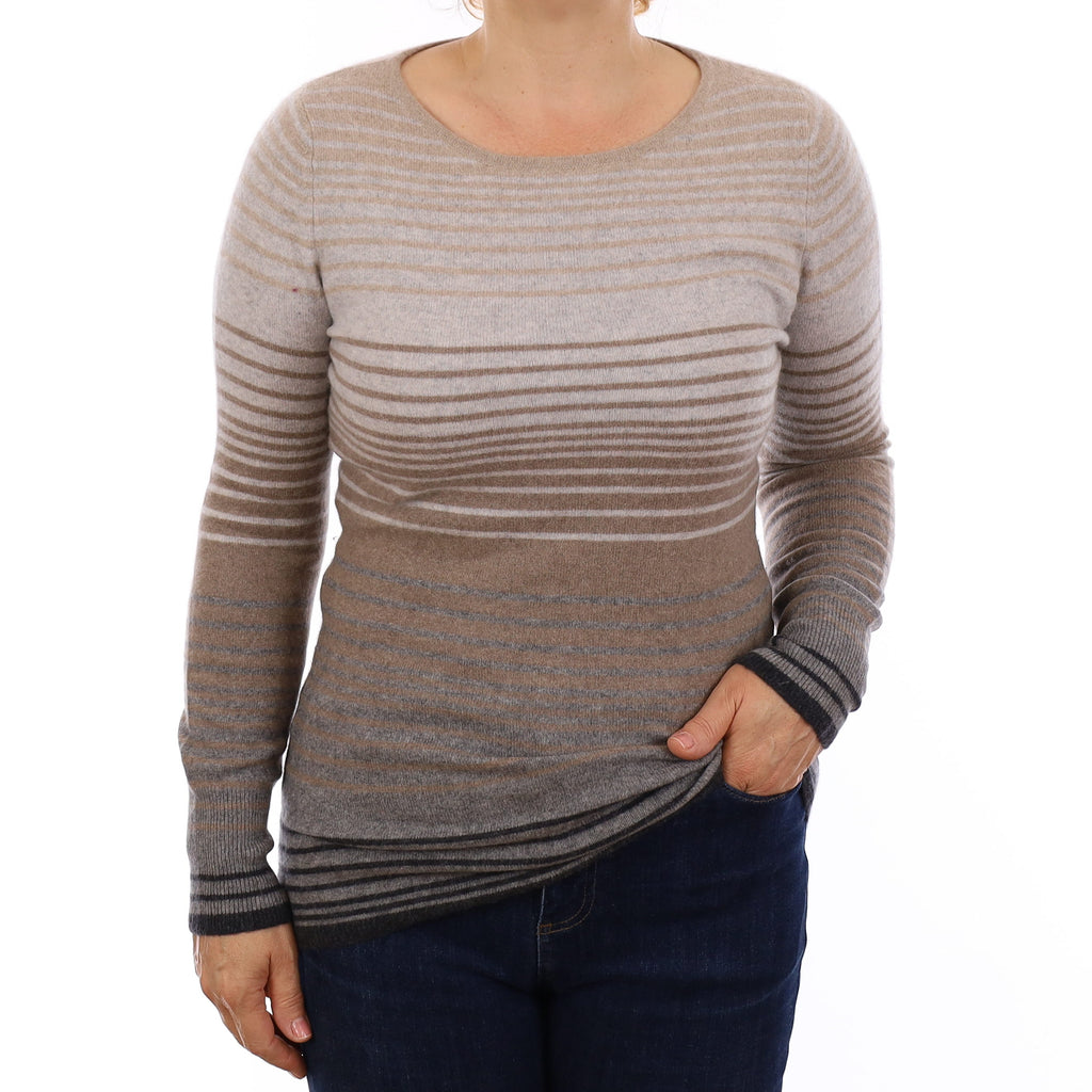Grey & Brown Stripe Longline Cashmere Crew Neck Jumper Medium