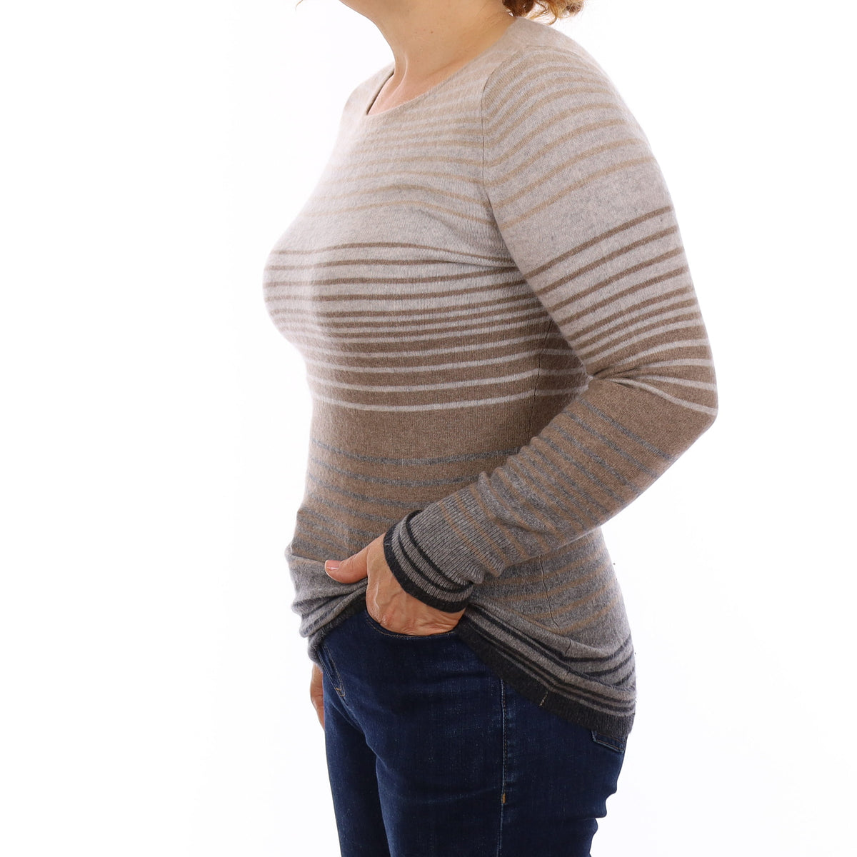 Grey & Brown Stripe Longline Cashmere Crew Neck Jumper Medium