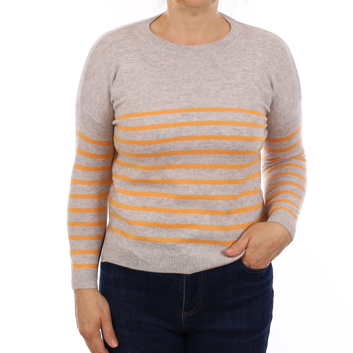 Grey & Orange Stripe Cashmere Crew Neck Jumper Medium