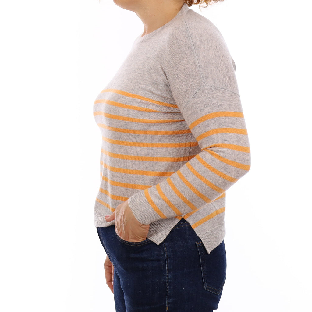 Grey & Orange Stripe Cashmere Crew Neck Jumper Medium