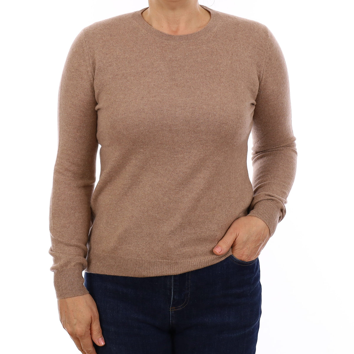 Taupe Brown Cashmere Crew Neck Jumper Medium