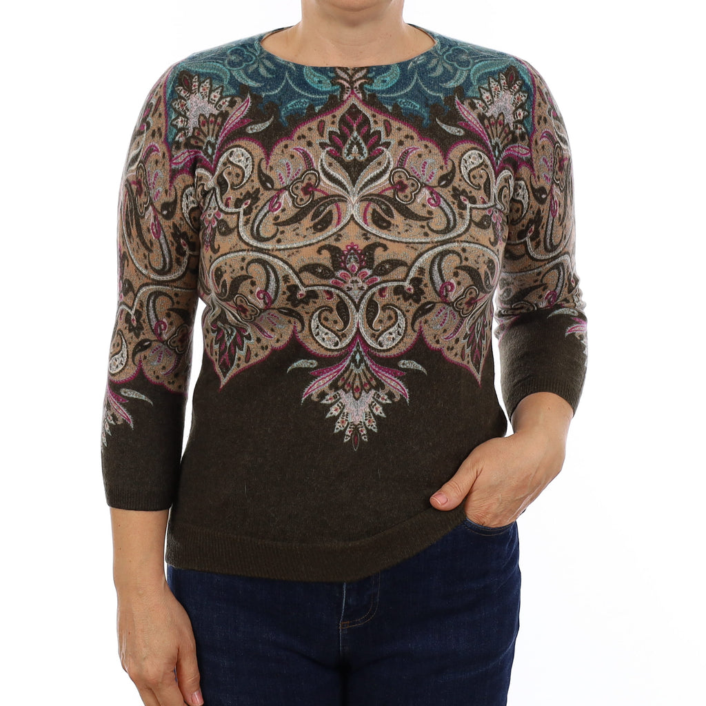 Khaki Paisley Cashmere Crew Neck Jumper Medium