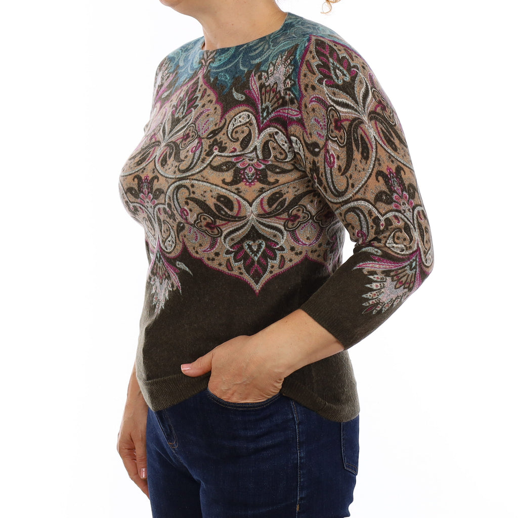 Khaki Paisley Cashmere Crew Neck Jumper Medium